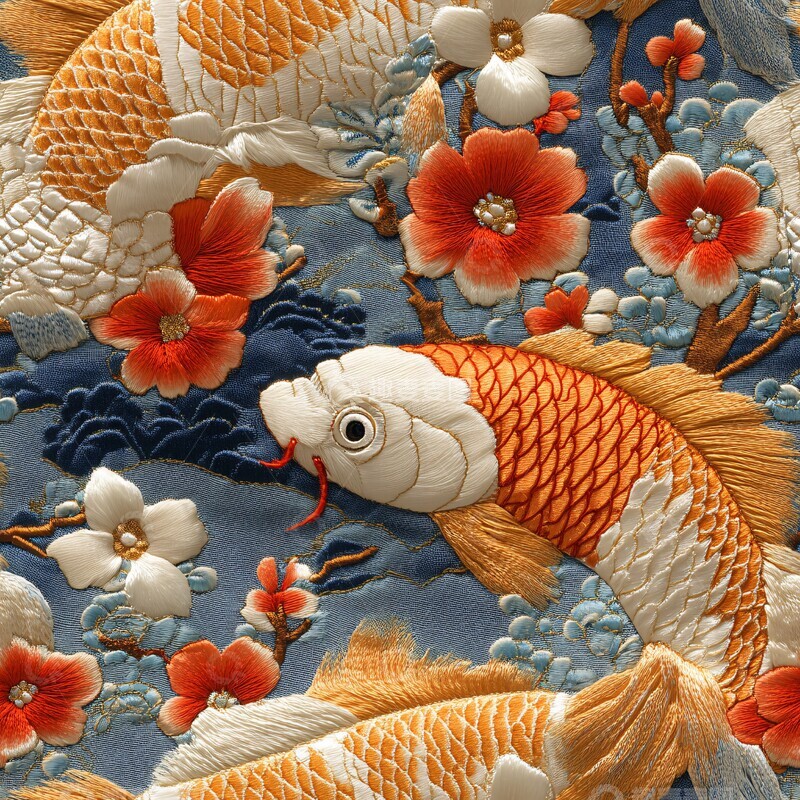 高清大图下载【趣麦麦图】丝绸刺绣锦鲤纹理1