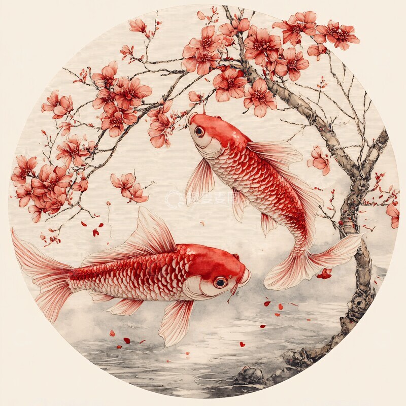高清大图下载【趣麦麦图】双红鱼圆形绣品