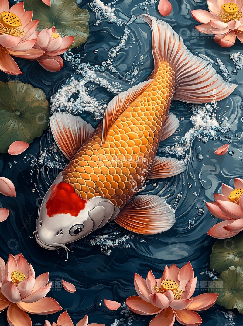 高清大图下载【趣麦麦图】锦鲤莲花水纹