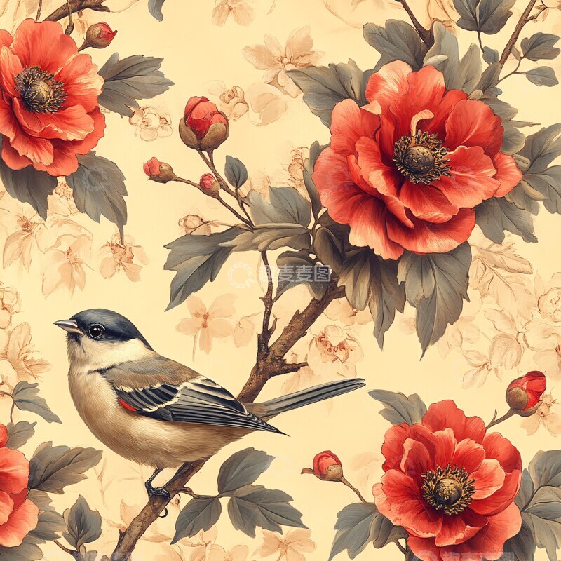 高清大图下载【趣麦麦图】牡丹花枝鸟背景3