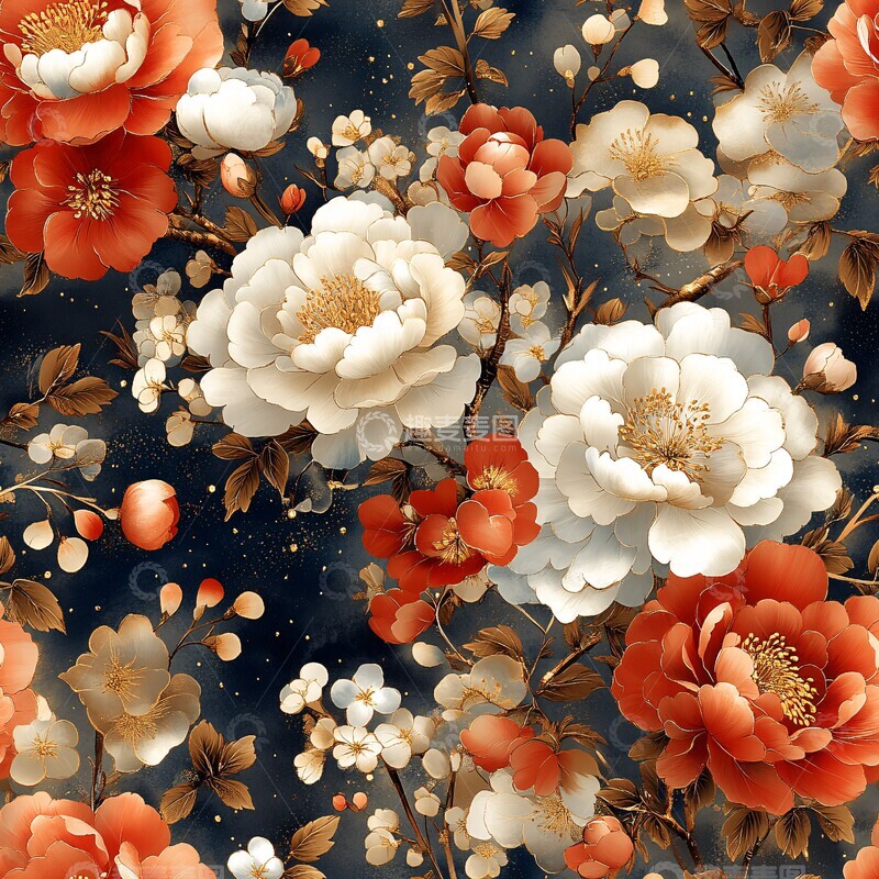 高清大图下载【趣麦麦图】牡丹莲花旗袍图案3