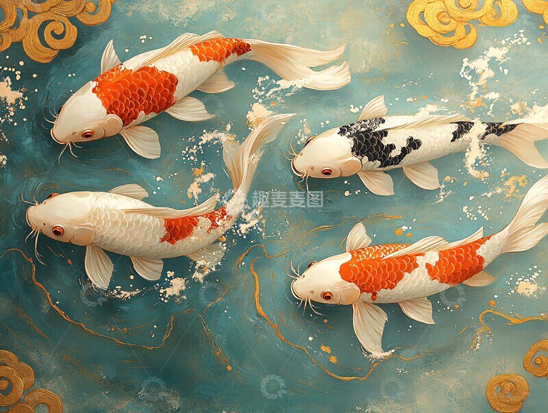 高清大图下载【趣麦麦图】水中有鲤鲤鱼云彩金色1