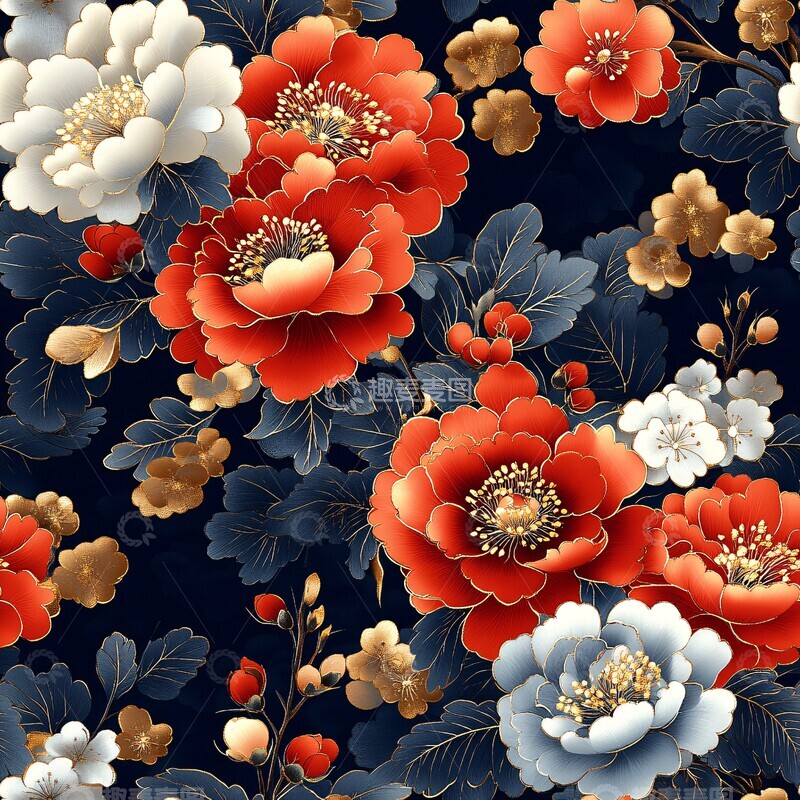 高清大图下载【趣麦麦图】牡丹莲花旗袍图案1