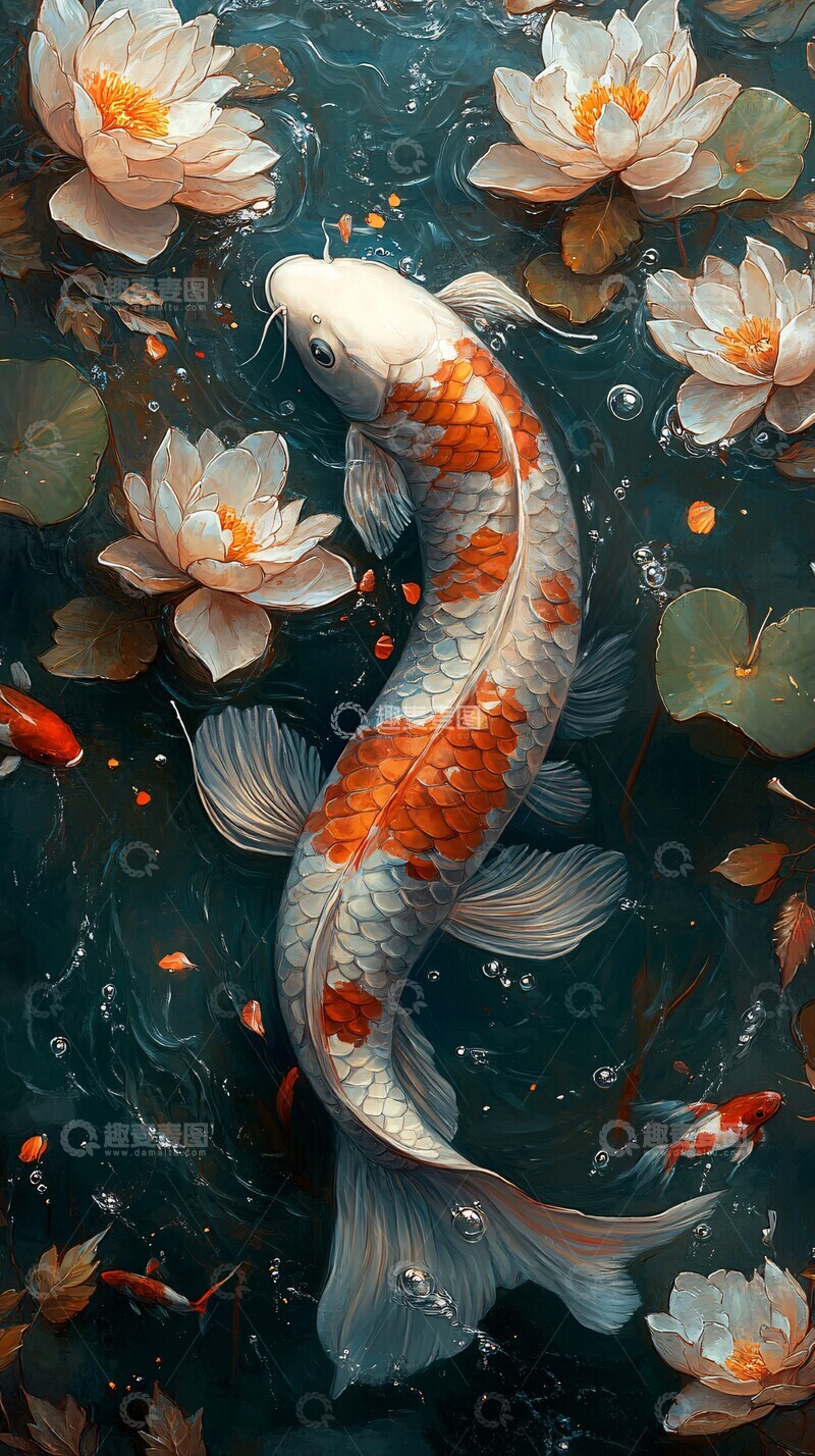 高清大图下载【趣麦麦图】锦鲤上游锦鲤上游花朵1