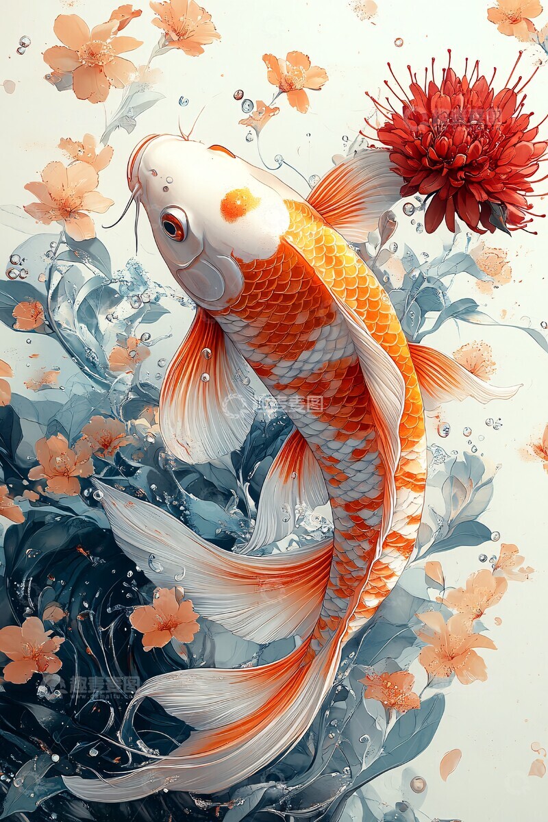 高清大图下载【趣麦麦图】红棘花与锦鲤2