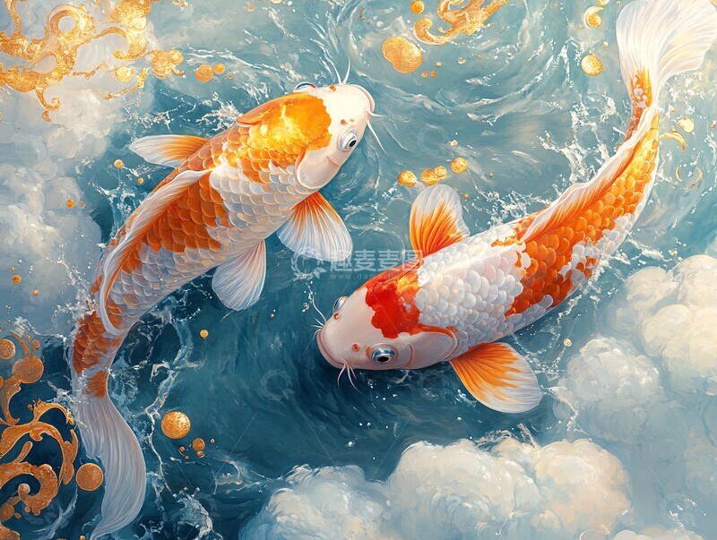高清大图下载【趣麦麦图】水中有鲤鲤鱼云彩金色2