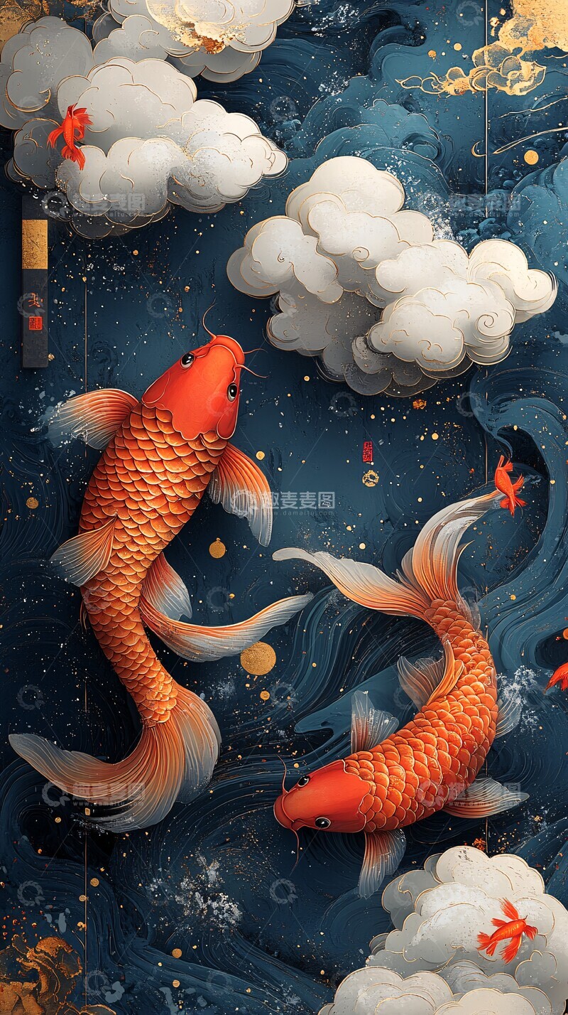 高清大图下载【趣麦麦图】云海双鲤图云海双鲤金山