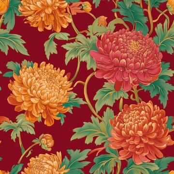 菊花图案深红金黄绿叶1