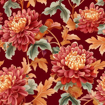 菊花图案深红金黄绿叶2