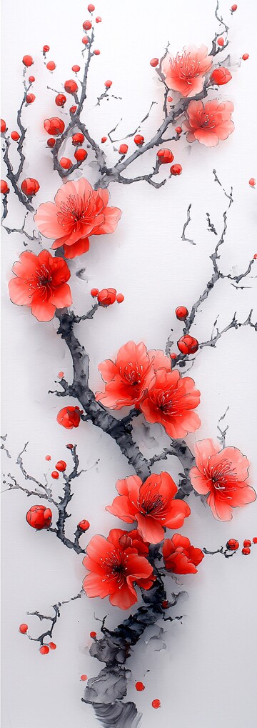 梅花白底红花朵细绘1