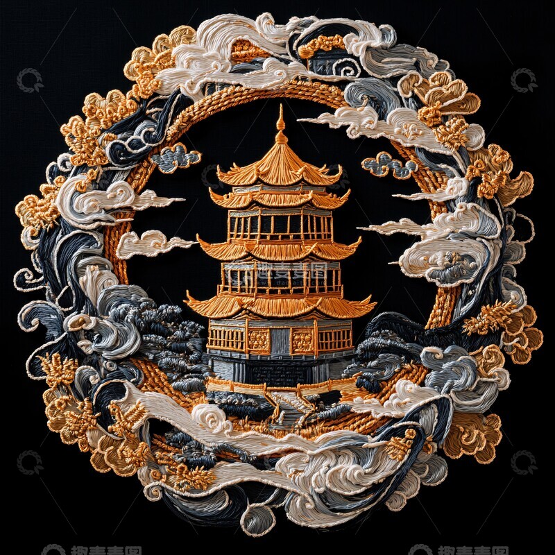 高清大图下载【趣麦麦图】黄鹤楼刺绣作品