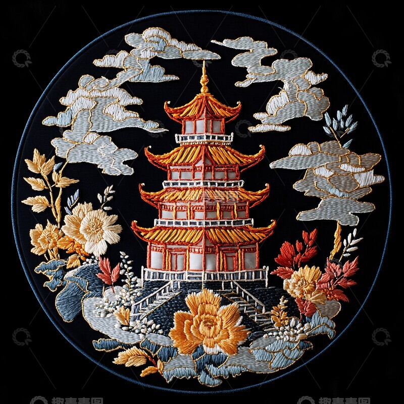 高清大图下载【趣麦麦图】黄鹤楼刺绣作品1