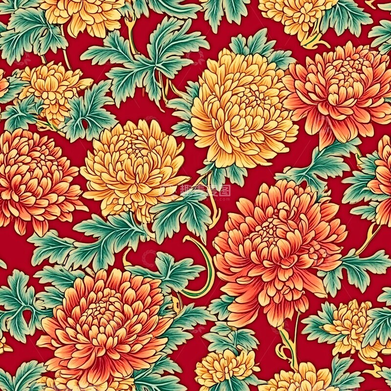 高清大图下载【趣麦麦图】菊花图案深红金黄绿叶