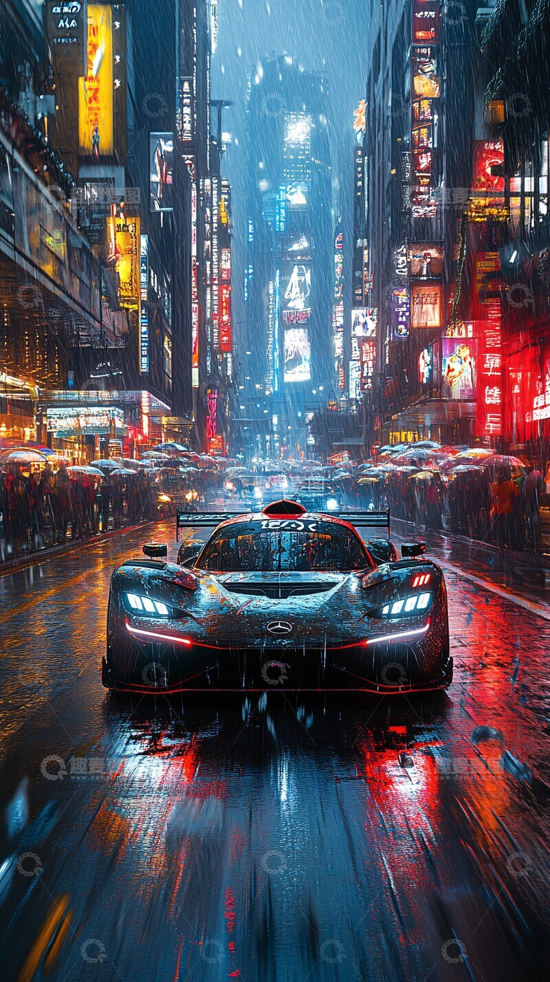 高清大图下载【趣麦麦图】雨中赛跑赛跑跑车高楼