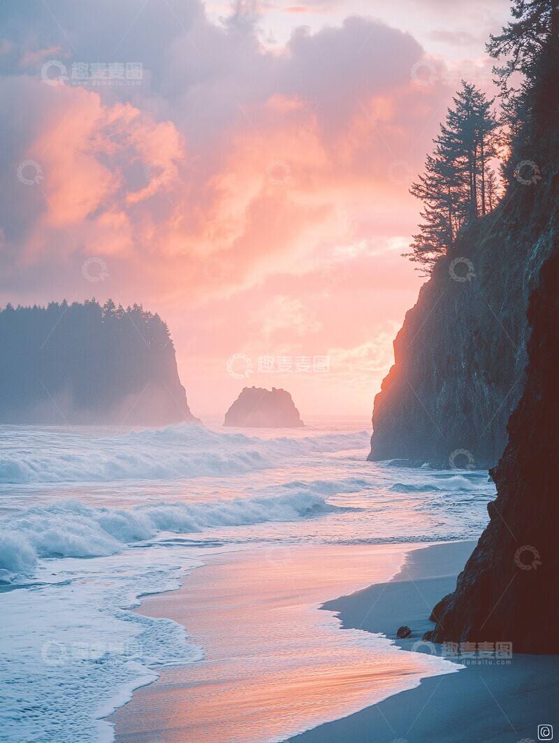 高清大图下载【趣麦麦图】云霞映照海岸线