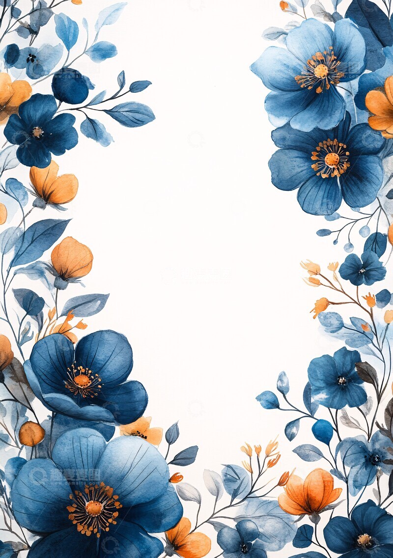 高清大图下载【趣麦麦图】蓝色水彩花卉边框1