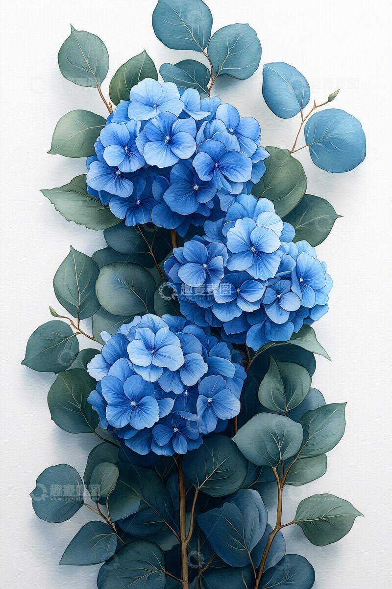 高清大图下载【趣麦麦图】蓝色绣球花插画2