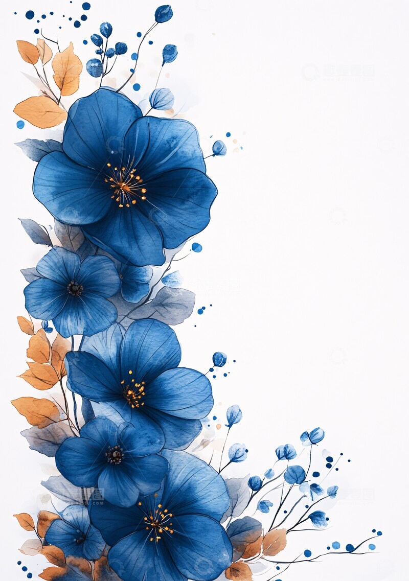 高清大图下载【趣麦麦图】蓝色水彩花卉边框3