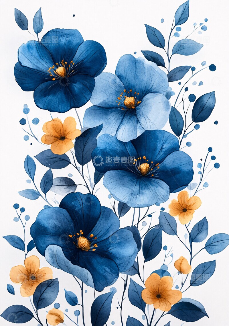 高清大图下载【趣麦麦图】蓝色水彩花卉边框2