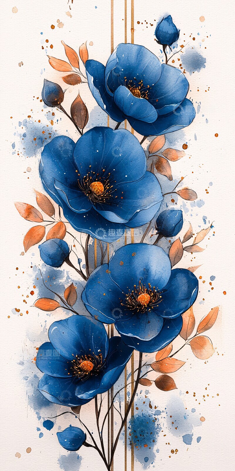 高清大图下载【趣麦麦图】蓝色花卉水彩框1