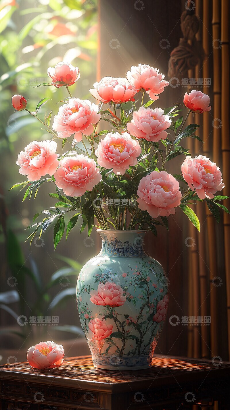 牡丹插花瓷瓶陈设1