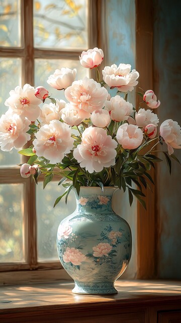 牡丹插花瓷瓶陈设