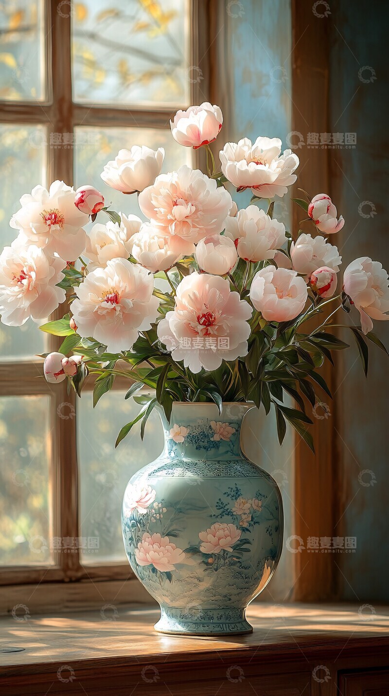 高清大图下载【趣麦麦图】牡丹插花瓷瓶陈设