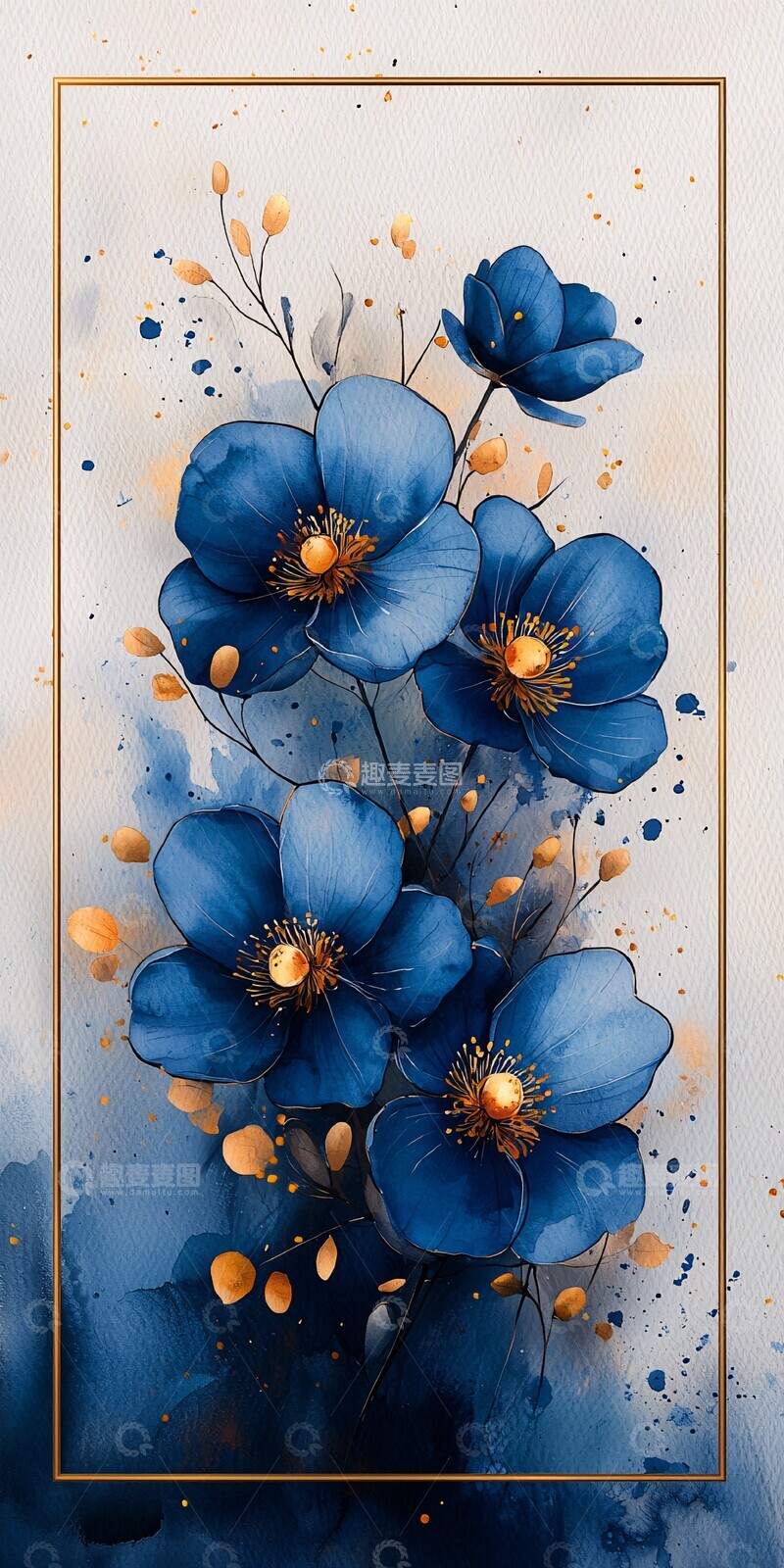 高清大图下载【趣麦麦图】蓝色花卉水彩框3