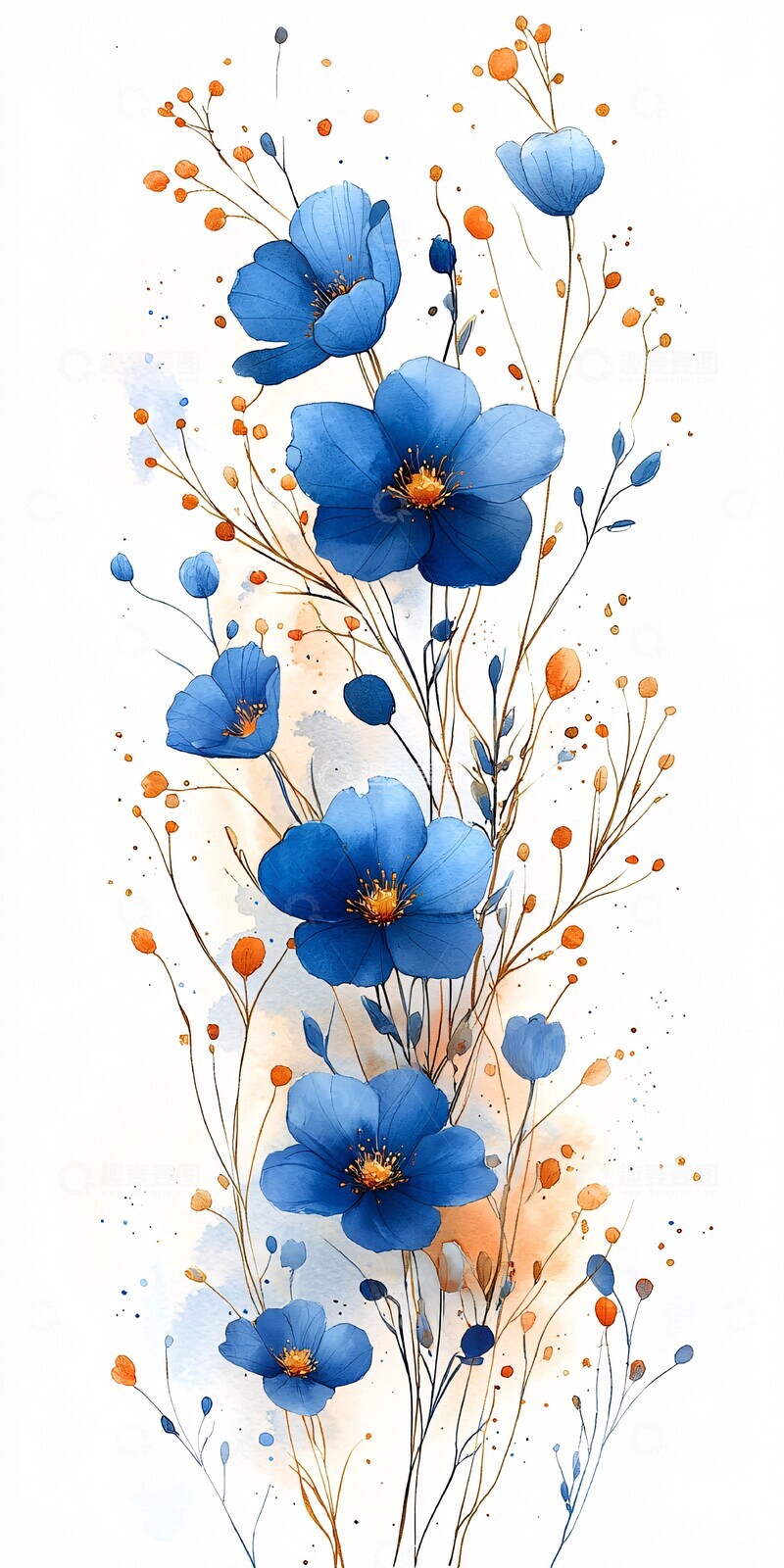 高清大图下载【趣麦麦图】蓝色花卉水彩框