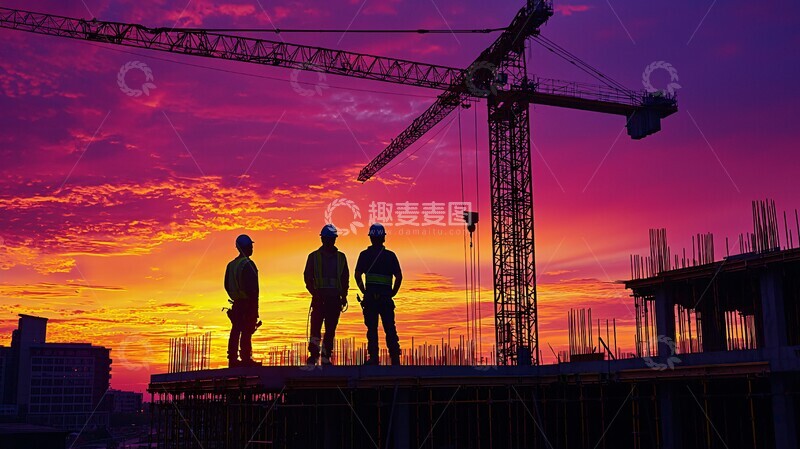高清大图下载【趣麦麦图】工人建设工地落日