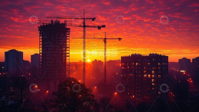 高清大图下载【趣麦麦图】在建公寓楼日落景象1