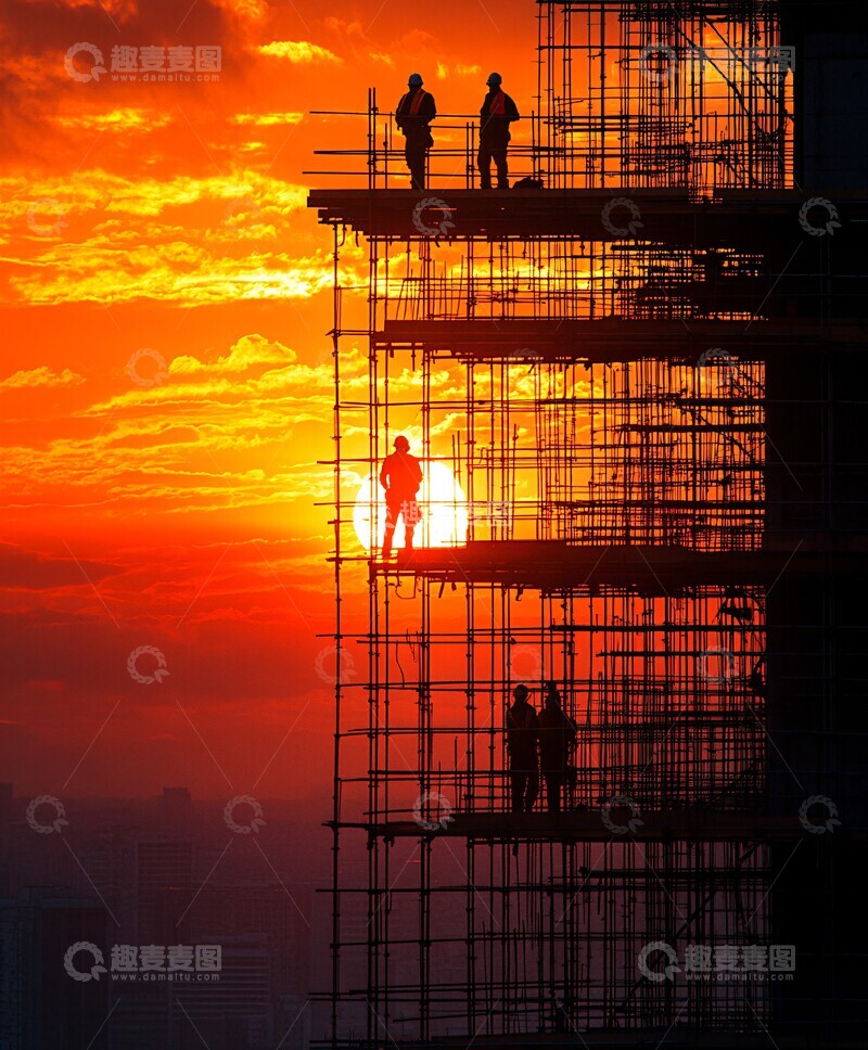 高清大图下载【趣麦麦图】工人晨曦施工中