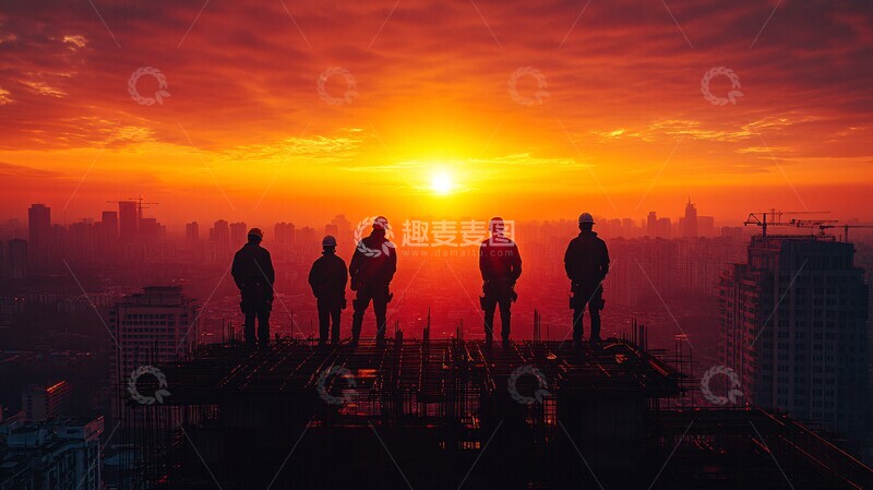 高清大图下载【趣麦麦图】工人晨光中施工