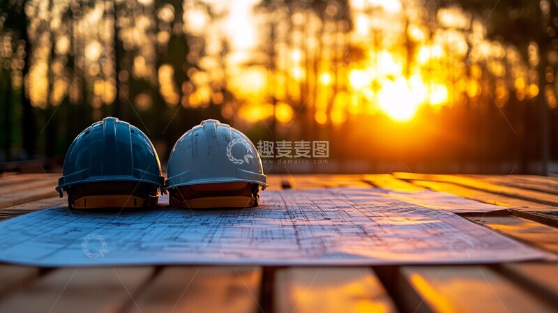 高清大图下载【趣麦麦图】安全帽与建筑蓝图1