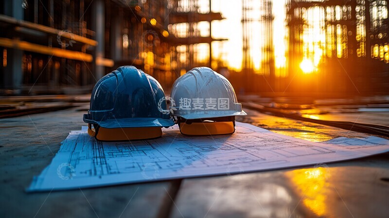 高清大图下载【趣麦麦图】安全帽与建筑蓝图