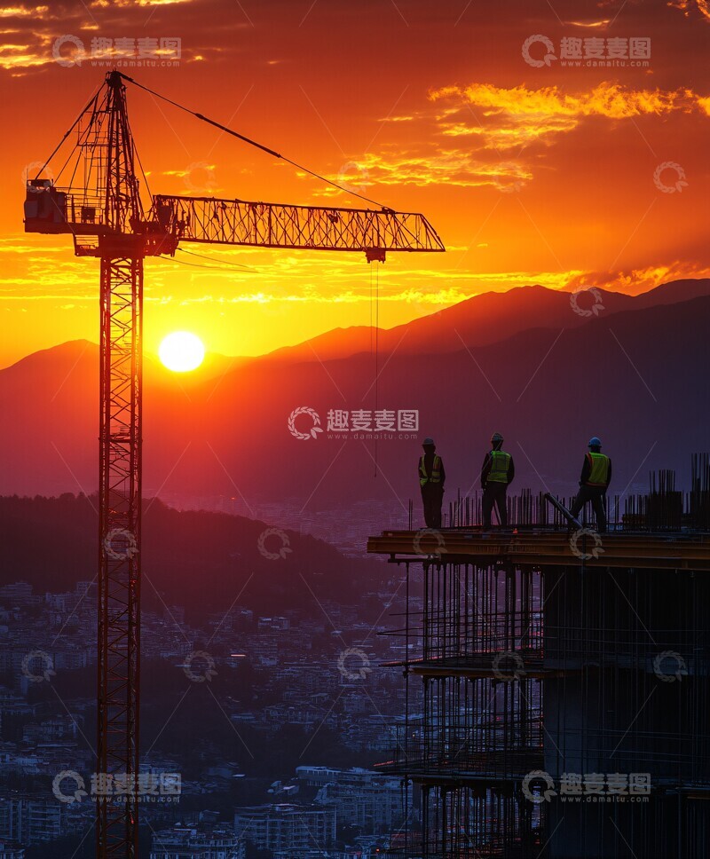 高清大图下载【趣麦麦图】工人晨曦施工中1