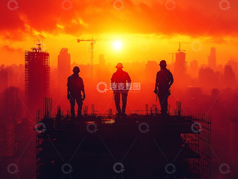 高清大图下载【趣麦麦图】工人建筑夕阳红