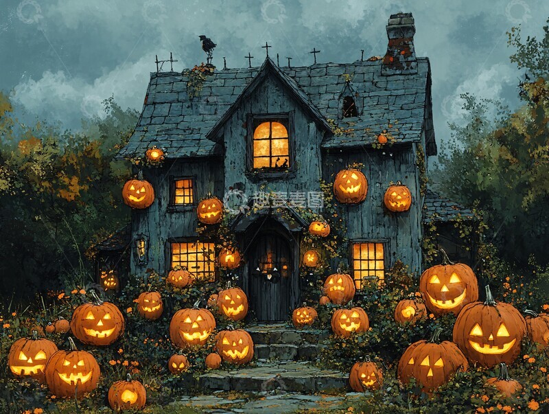 南瓜灯装饰的木屋