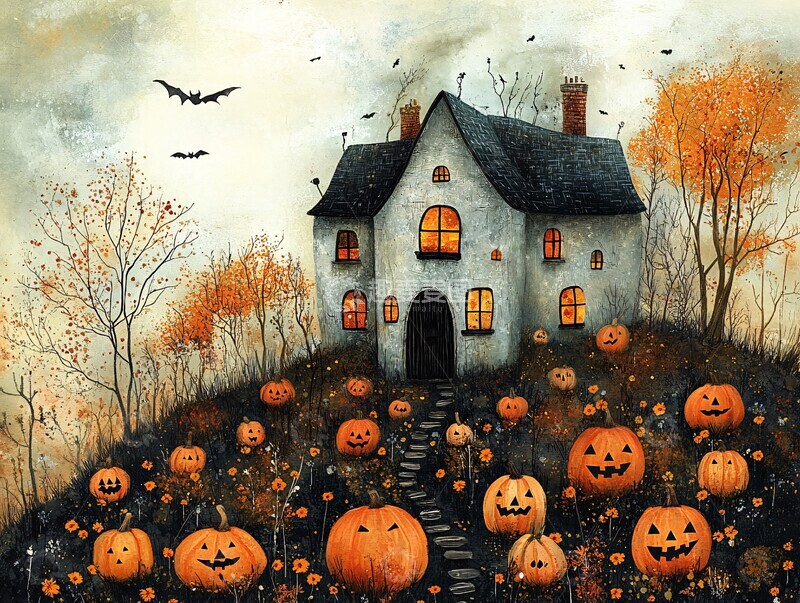 高清大图下载【趣麦麦图】南瓜灯装饰的木屋1