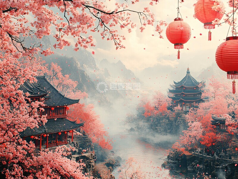 高清大图下载【趣麦麦图】樱花与红灯笼