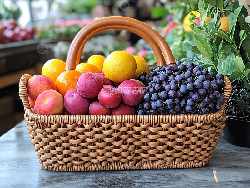 高清大图下载【趣麦麦图】藤编皮柄水果篮