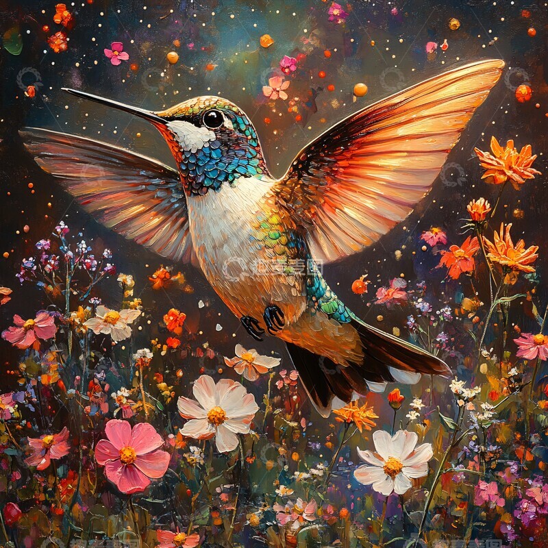 高清大图下载【趣麦麦图】蜂鸟飞舞花丛间