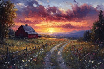 农场日出红农场日出绿色