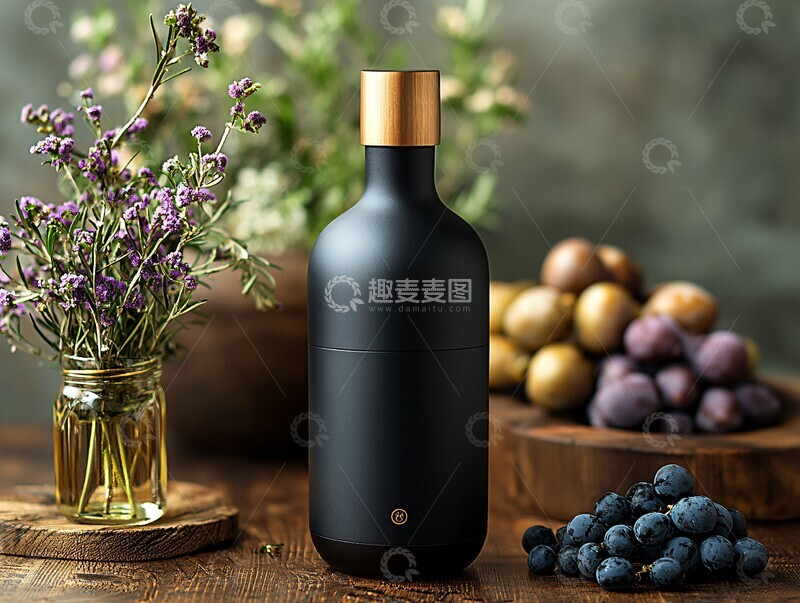 高清大图下载【趣麦麦图】-黑色玻璃瓶装橄榄油2