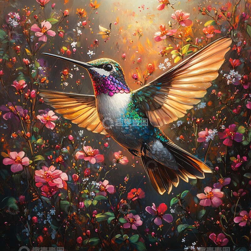 高清大图下载【趣麦麦图】蜂鸟飞舞花丛间2