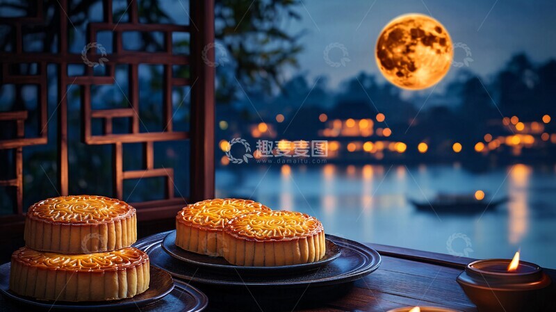 高清大图下载【趣麦麦图】月饼螃蟹古窗夜色