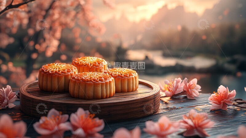 高清大图下载【趣麦麦图】中秋月饼木盘背景