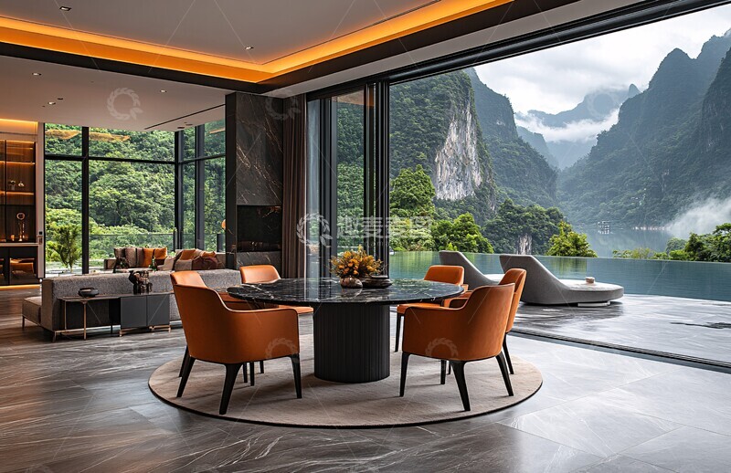 高清大图下载【趣麦麦图】-木纹餐桌山景客厅2