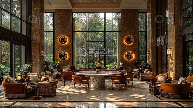 高清大图下载【趣麦麦图】-镜面餐桌与藤椅空间