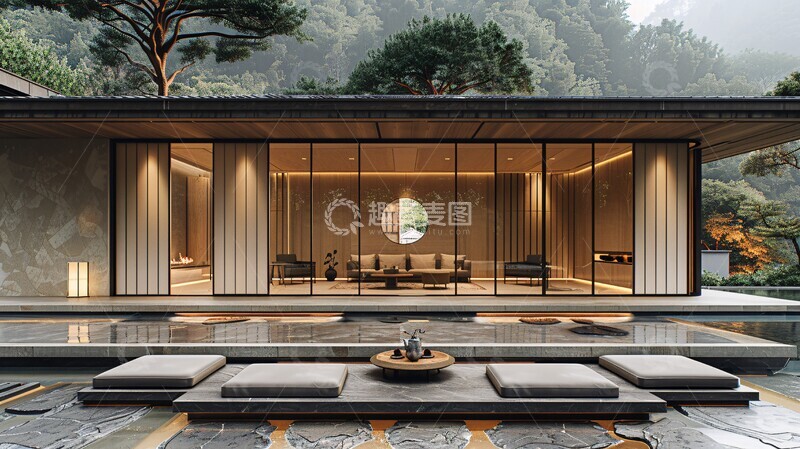 高清大图下载【趣麦麦图】中式木框屋顶客厅